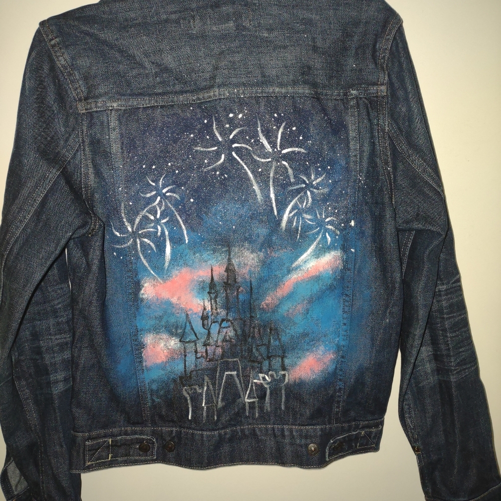 Denim Jean Jacket Label Of Graded Goods H&M Cinderella Castle Custom Painted On